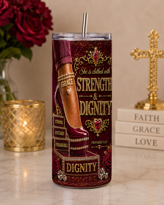 She Is Clothed With Strength Tumbler, Proverbs 31:25 Christian Gift