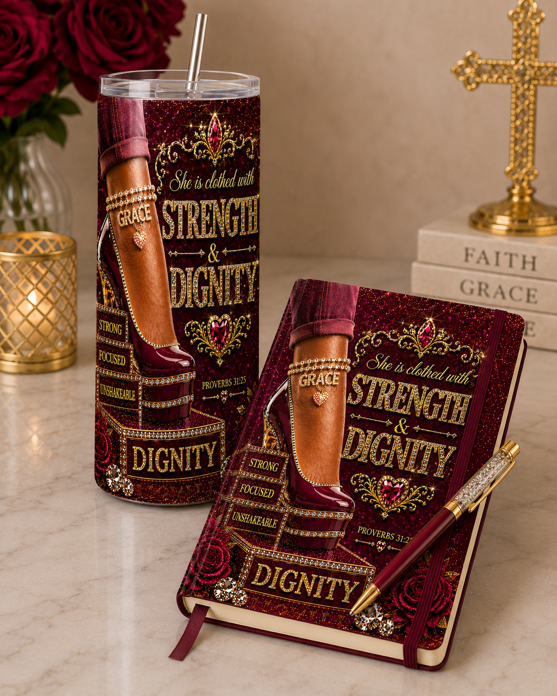 She Is Clothed With Strength Tumbler, Proverbs 31:25 Christian Gift